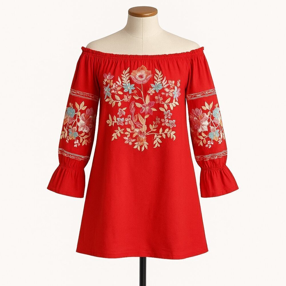 Free People Fleur Du Jour Red Floral Embroidered Off the Shoulder Dress Large